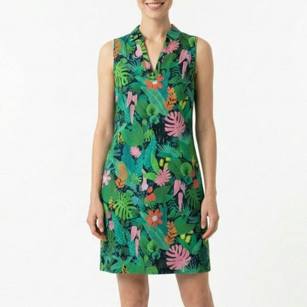 Vilagallo Tropical Jungle Print Sleeveless Cotton Green Shift Dress EU 38 US 4